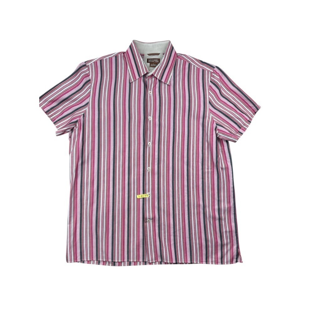Michael Kors Men's Large Pink White Black Vertical Stripe Button Down Shirt SS